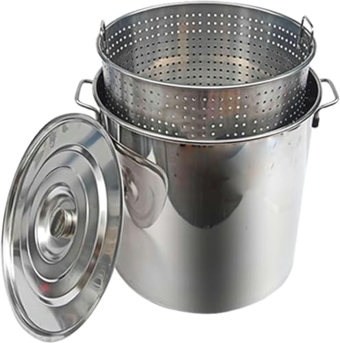 Heavy Duty Stainless Steel Stock Pot 27QT/45QT/63QT – Commercial Turkey Deep Fryer & Crawfish Seafood Boil Pot with Strainer for Home & Outdoor Cooking, Silver Finish
