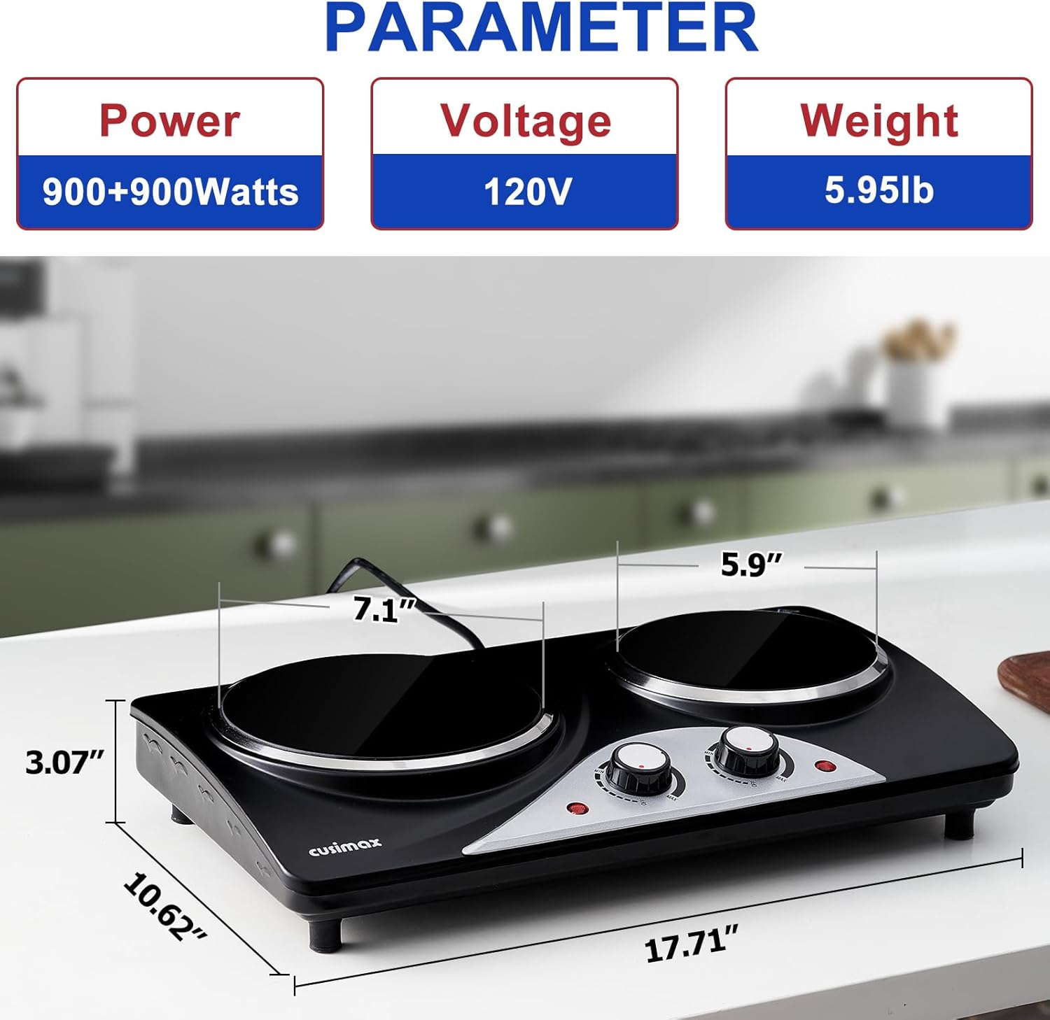 Hot Plate, CUSIMAX Electric Stove 1800W Double Burner, Portable Ceramic Infrared Cooktop, Dual Control Burners for Cooking, Heat-Up in Seconds, Compatible for All Cookwares, Black