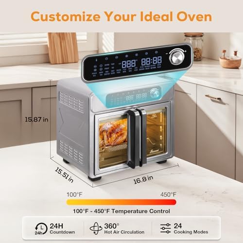 Extra Large French Door Air Fryer Toaster Oven Combo, 24 Cooking Functions and Digital Controls, 6 Accessories Included, Stainless Steel Finish, 26QT Capacity, Fits 12