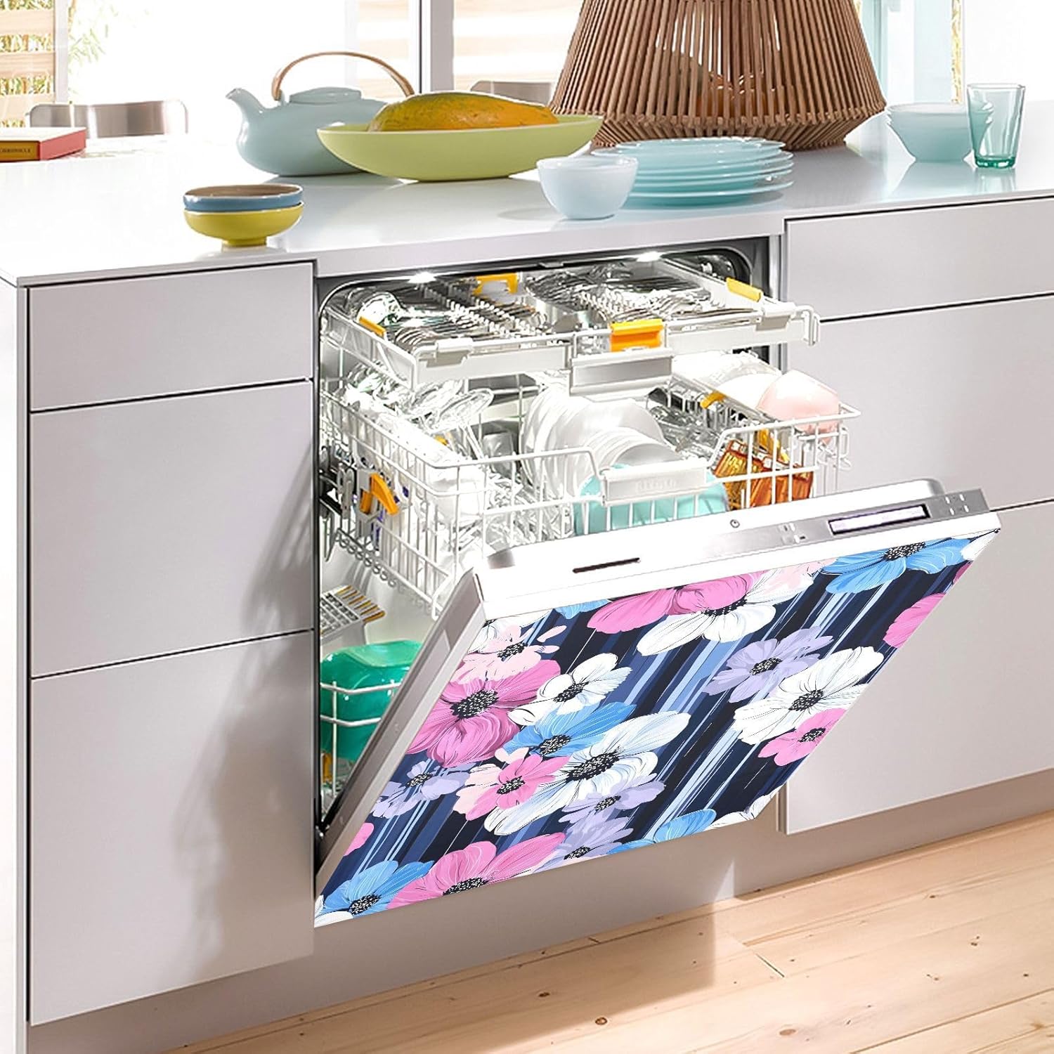 Dishwasher Magnet Cover Large Magnetic Stickers Colorful Flowers Stripes Pattern Front Dishwasher Cover Reusable Decal for Home Kitchen Anti-Scratch Refrigerator Decorative Lid Washing Machine Laundry
