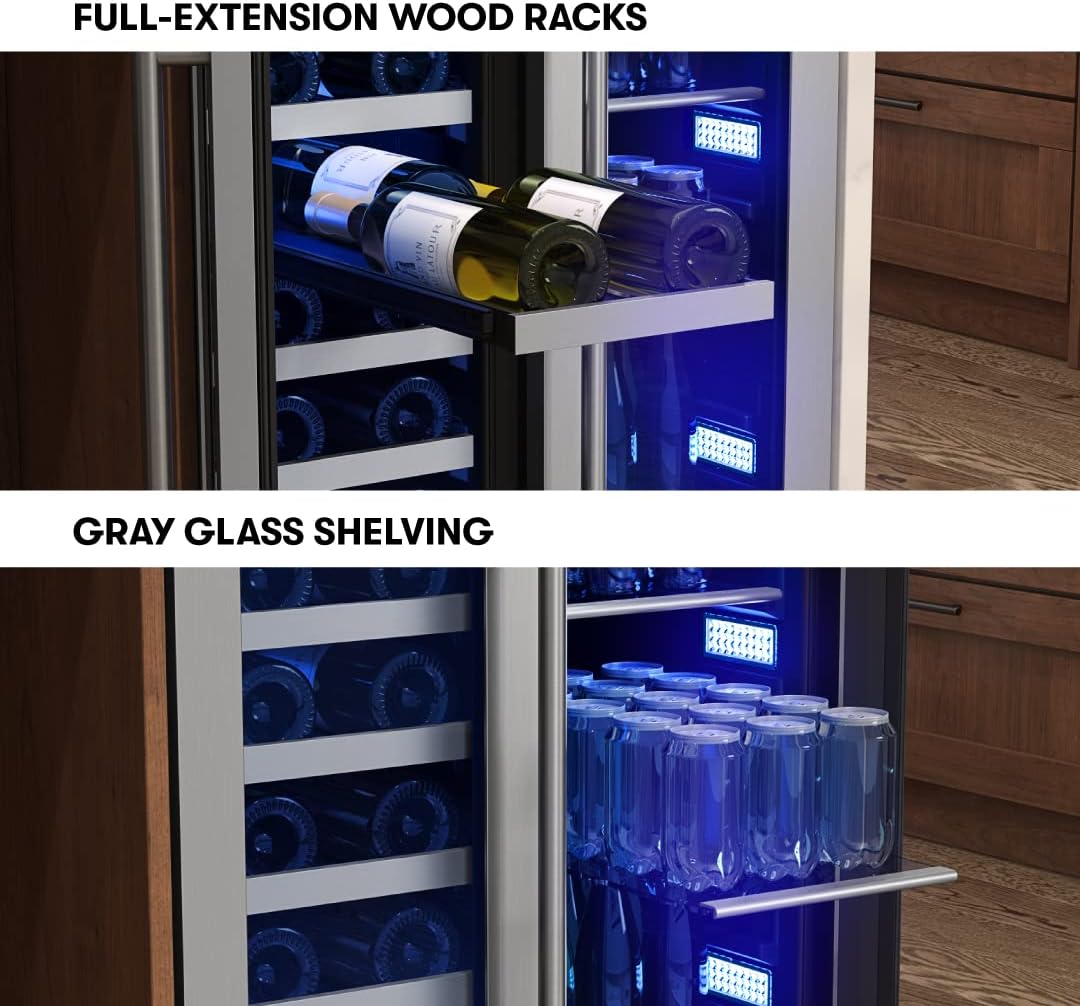 Zephyr Presrv 24 Inch Wine Fridge & Beverage Refrigerator Dual Zone Under Counter - Wine Cooler Cellars Small Beer Fridge Cabinet Drink Chiller Freestanding with French Glass Door 21 Bottles, 64 Cans