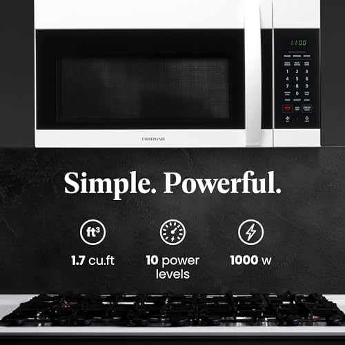 Farberware 1.7 Cu. Ft. Over-the-Range Microwave Oven – 1000 Watts Power, Auto Cook Settings, Defrost, Easy Clean and Child Safety Lock - White