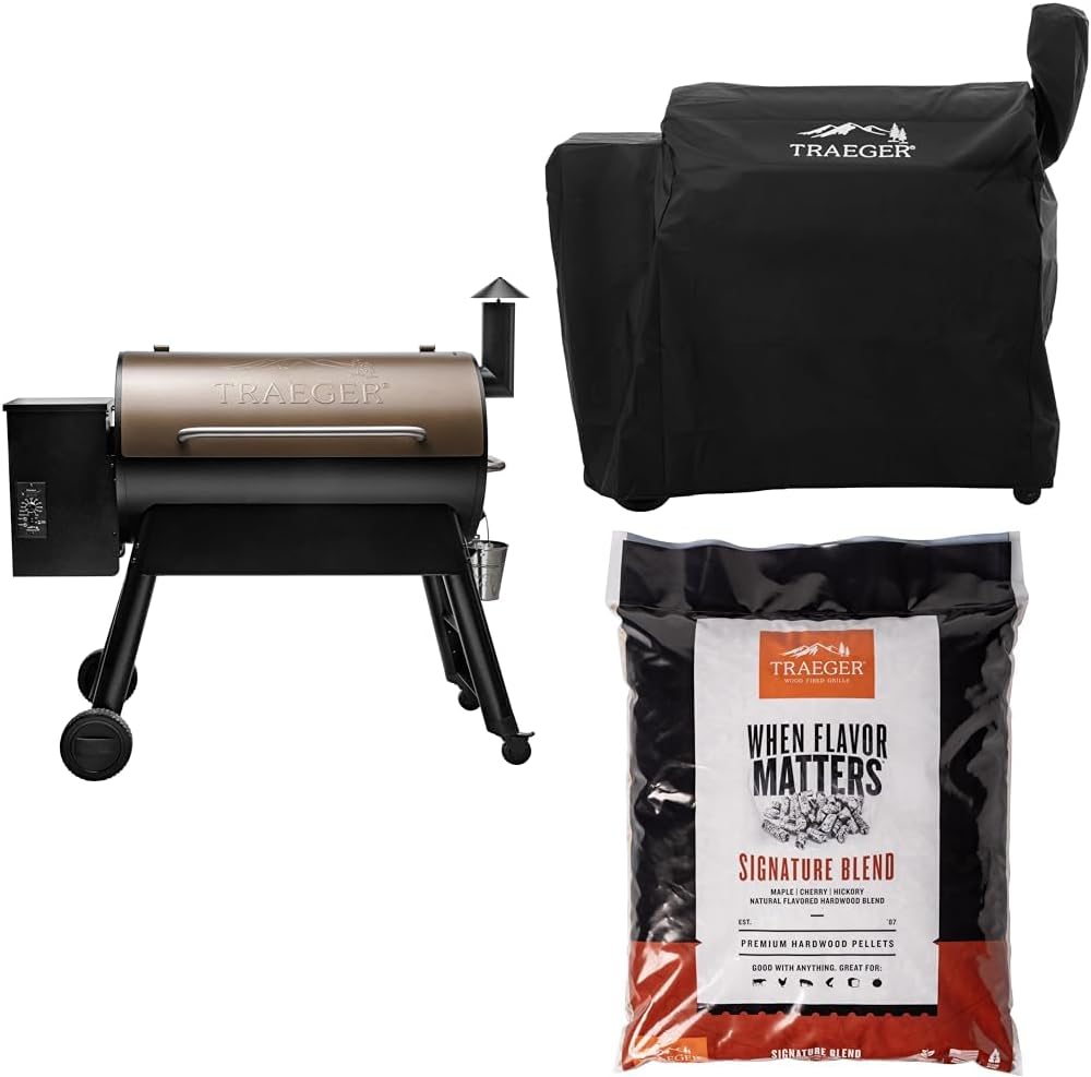 Pro 34 Wood Pellet Grill and Smoker, Bronze with Full-Length Cover and Signature Blend Pellets 18 lb Bag