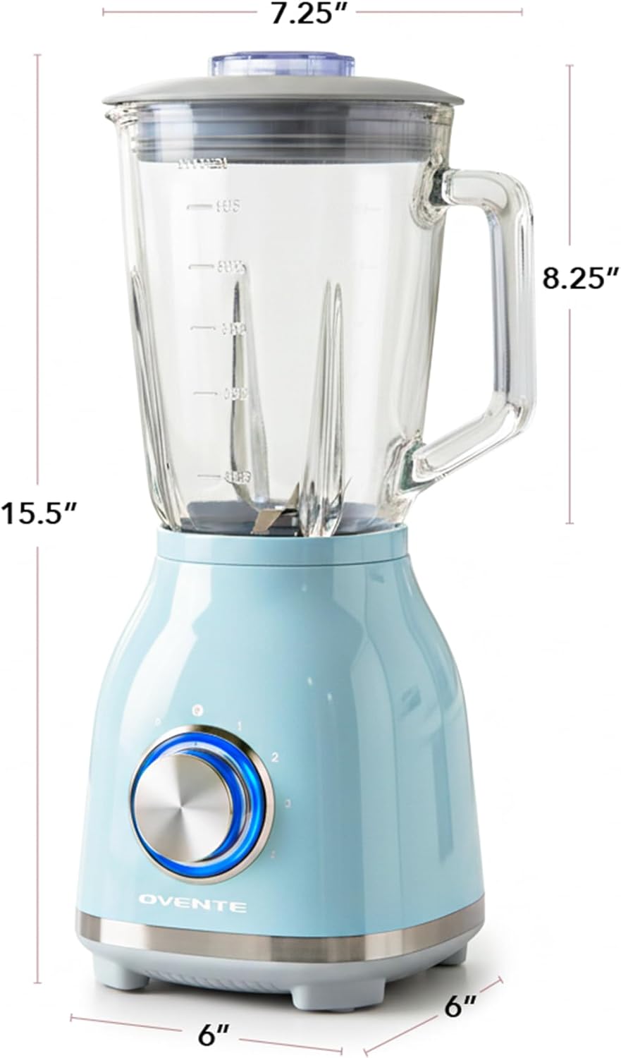 OVENTE Countertop Blender for Shakes and Smoothies with 550W Motor, 50 Oz Glass Jar and Adjustable 4 Speed Settings Ideal for Frozen Fruit Drinks, Puree, Ice Crush, Sauces and More, Blue BLH2604LBL
