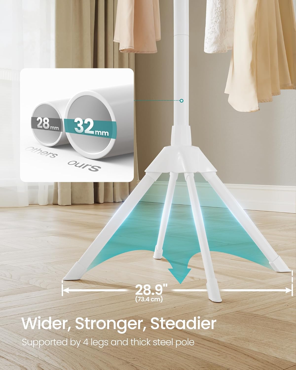 SONGMICS Clothes Drying Rack, with Bamboo Hanging Rods, Foldable Metal Laundry Rack, Space-Saving, Free-Standing Airer, Indoor Use, White and Natural ULLR516W01