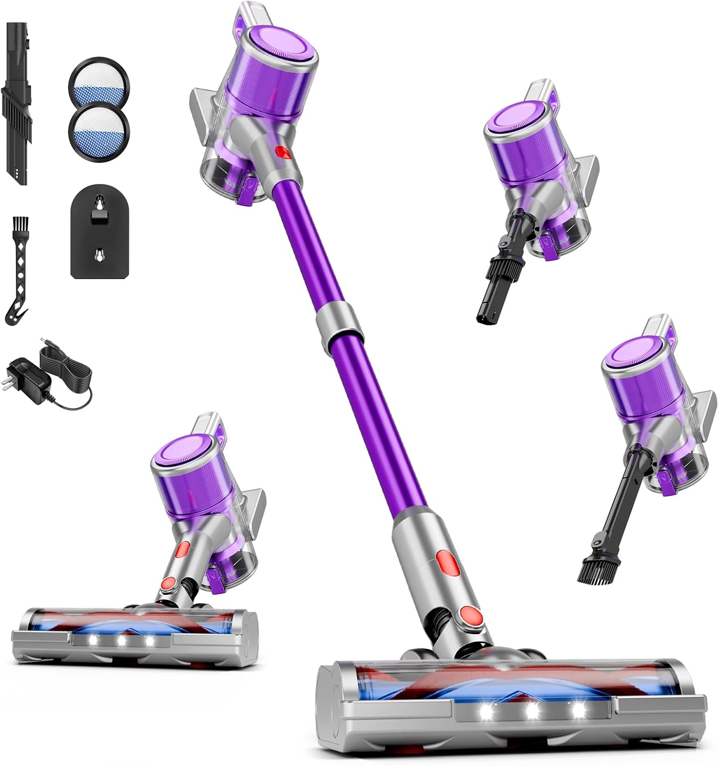 Cordless Vacuum Cleaner, 8 in 1 40Kpa 55Mins,Lightweight Vacuum Cleaners for Home, Stick Vacuum with Anti-Tangle Brush,Wall Mount, Rechargeable Cordless Vacuum for Floor/Sofa/Pet Hair,Purple