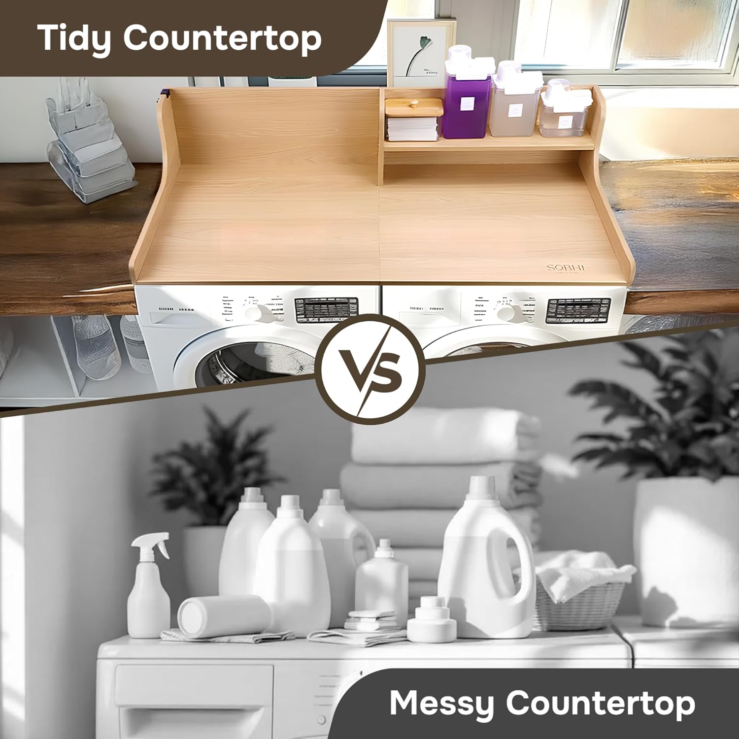 SOBHI | Washer and Dryer Countertop with Laundry Accessories | 54″ x 27″ Laundry Room Organization and Storage Topper | 3 Detergent Dispensers, Dryer Sheet Box, Hooks & Anti-Slip Pads, Oak Wood Finish