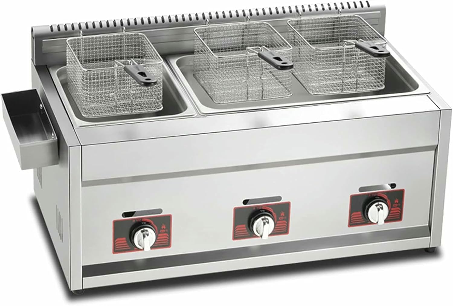 Commercial Gas/LGP Fryer, 33L Large Capacity, Freestanding Temperature Control, Thick Stainless Steel Counter Top, With 2 Basket And Lid