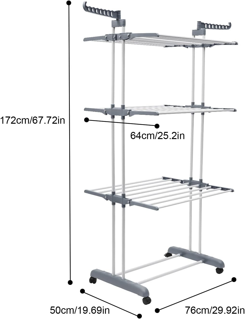 4-Tier Gray Foldable Clothes Drying Rack Rolling Dryer Hanger Stand Outdoor Washing Line Clothes Dryer Storage Rack Metal Laundry Garment Dryer Stand with 2 Side Wings, Bedroom Balcony Use (Gray)