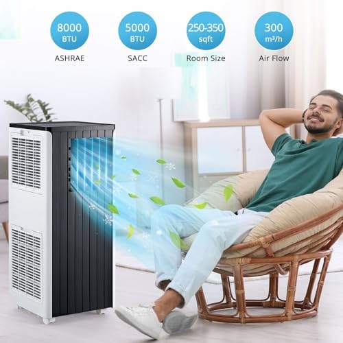 8000Btu Portable Air Conditioner, Indoor Air Conditioner with Remote Control, up to 350 sq ft Cooling, Quiet Operation, Dehumidifier & Fan Modes, 24-Hour Timer, Includes Window Installation Kit