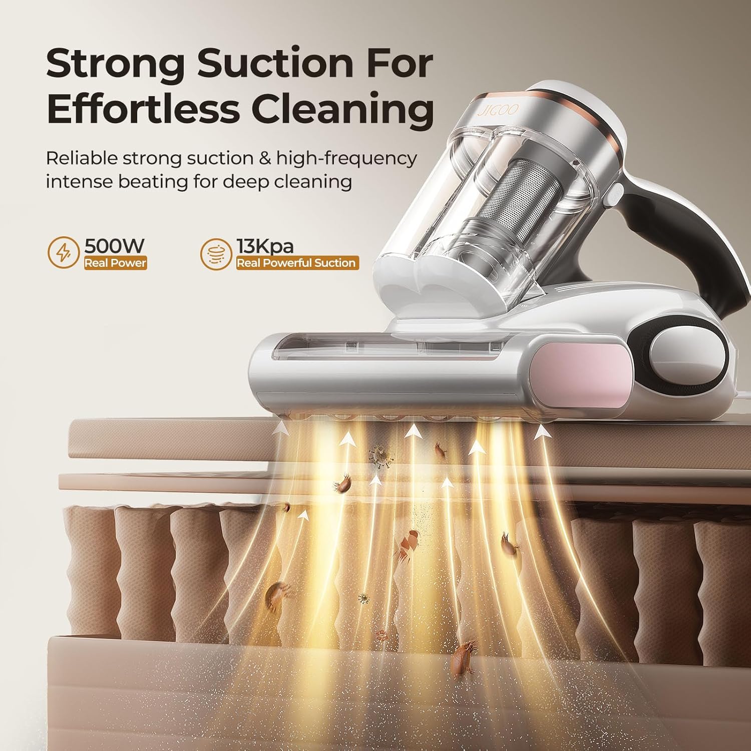 JIGOO Bed Vacuum Cleaner with Dust Sensor, Mattress Vacuum Cleaner with UV & Ultrasonic and High Heating, 13Kpa Suction 500W Powerful Double-Cup Handheld Vacuums (J300, Corded)