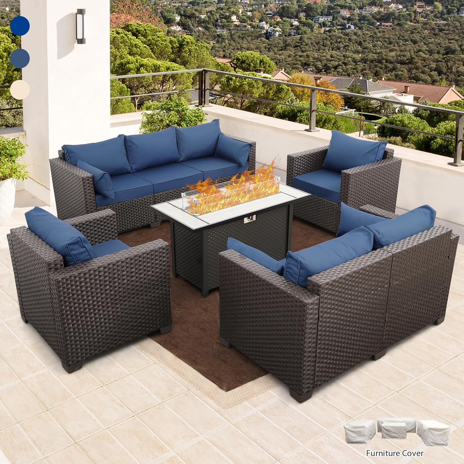 Rattaner 5-Piece Outdoor Patio Furniture 45 in Outdoor Fire Pits Patio Furniture Set 60000 BTU Outdoor Propane Fire Pit No-Slip Cushions Waterproof Covers, Navy Blue