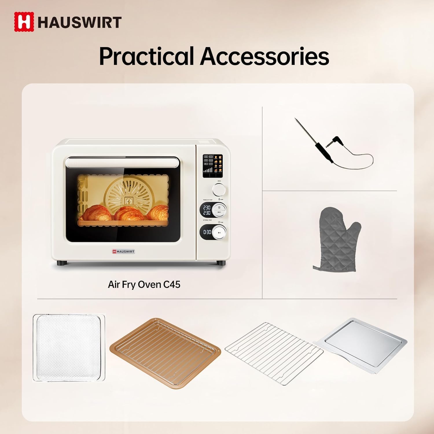 Hauswirt Toaster Oven Air Fryer, XL Large Convection Oven Countertop Rotisserie Chicken 42Qt 3-Tier for 5-8 People, 8 Mode Smart Toaster Stainless Steel 80°F - 500°F Quick & Even Crisp - Ivory