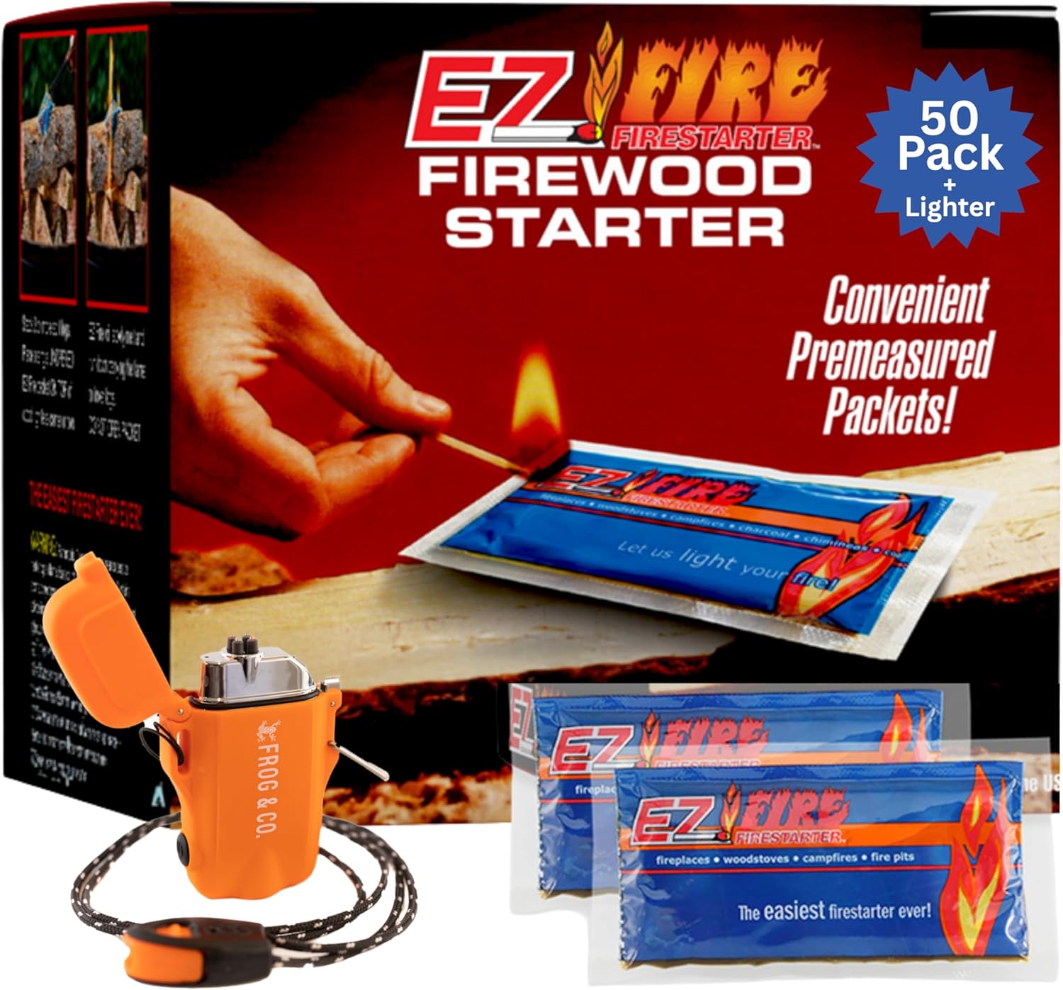 – 50 Pack All-Natural Fire Starters for Campfires, Fire Pits, BBQs & Fireplaces – Long Burning, Weather-Resistant, Non-Toxic + Survival Frog Rechargeable Lighter Kit