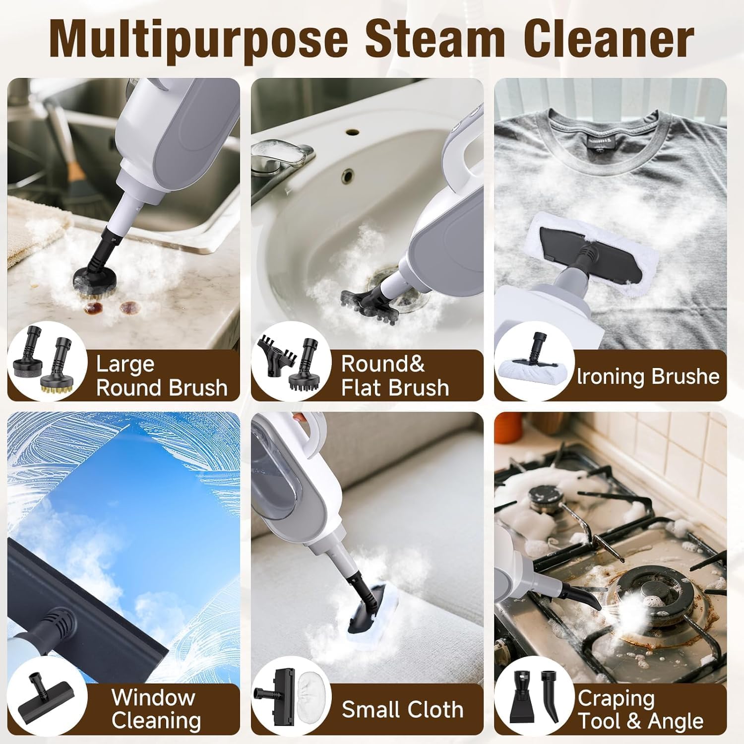 Steam Mop, 13-in-1 Powerful Handheld Steam Cleaner with 14 Accessories, 16.9OZ Removable Tank & 23FT Power Cord, Detachable Steam Mops for Floor Cleaning, Tiles, Windows, Carpets