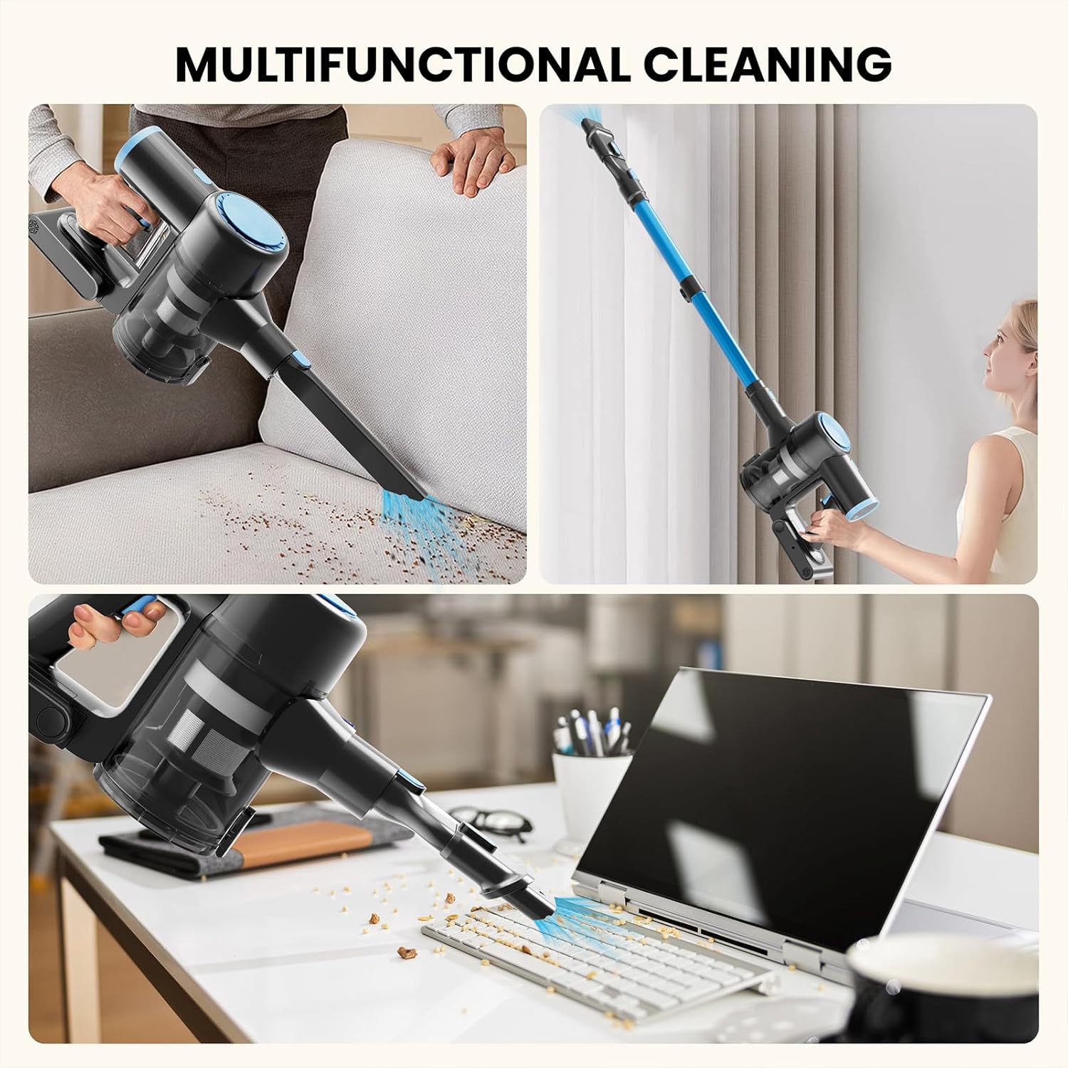 Cordless Vacuum Cleaner, 44kPa 55Mins Vacuum Cordless Rechargeable, Self-Standing, 1.5L Dust Cup Stick Vacuum for Hard Floors Carpet Pet Hair