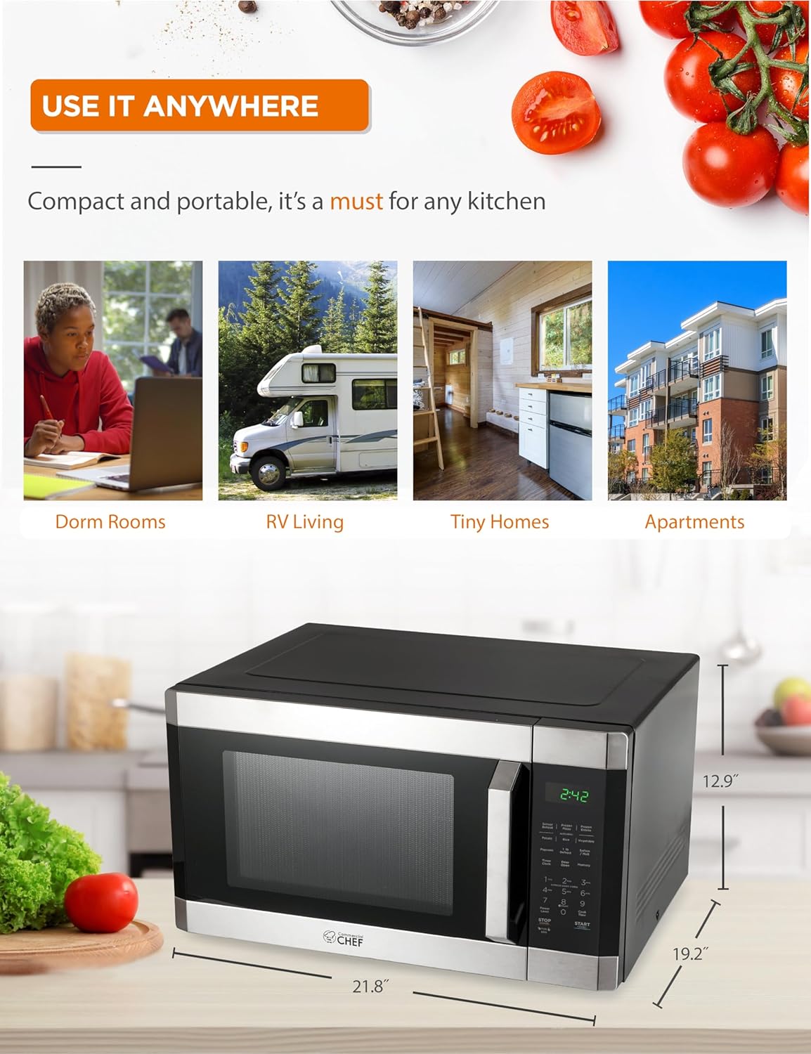 COMMERCIAL CHEF 1.6 Cubic Foot Microwave with 10 Power Levels, Small Microwave with Pull Handle Child Safety Lock, 1100 Watt Microwave with Digital Control Panels,Stainless Steel