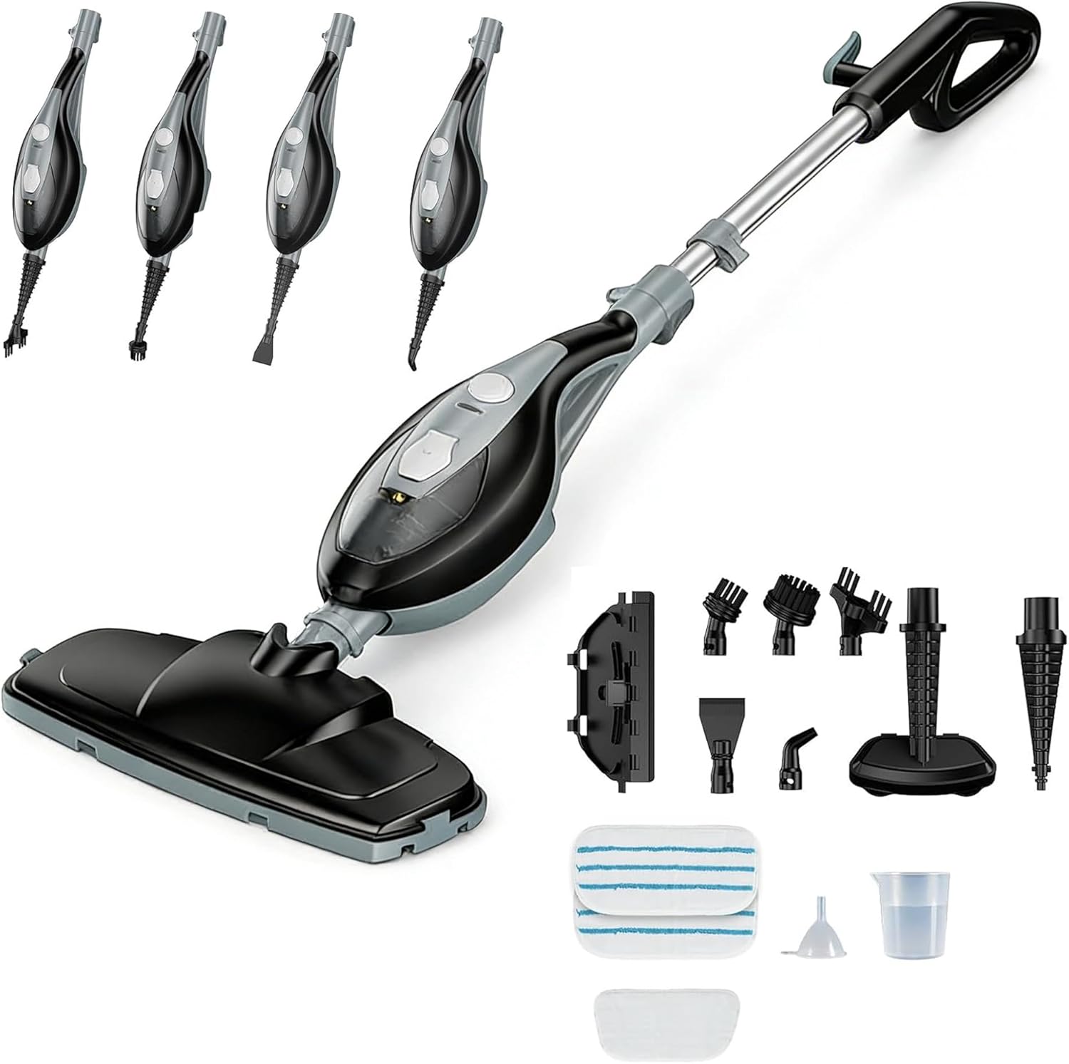 Steam Mop, Handheld Steam Cleaner with 2 Washable Pads, Floor Steamer for Hardwood and Tile, Multipurpose Floor Cleaner Machine for Carpets, Furniture, Windows, Black and Grey