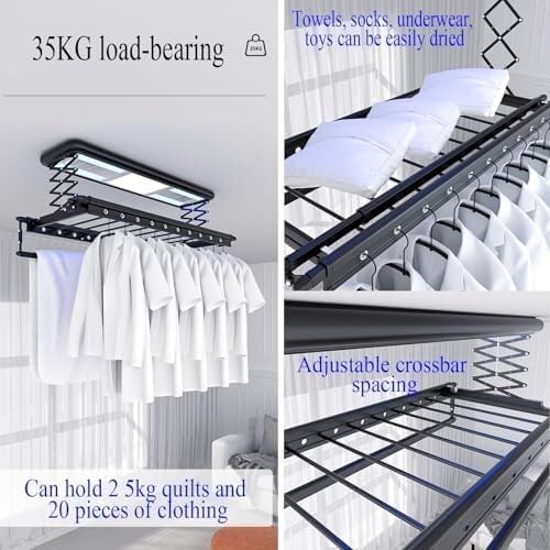 Ceiling Electric Clothes Dryer with Remote Control & LED Light, 35kg Load, Adjustable Height, Indoor Towel & Laundry Rack, 20 Hanging Holes, Quiet Operation(Black)