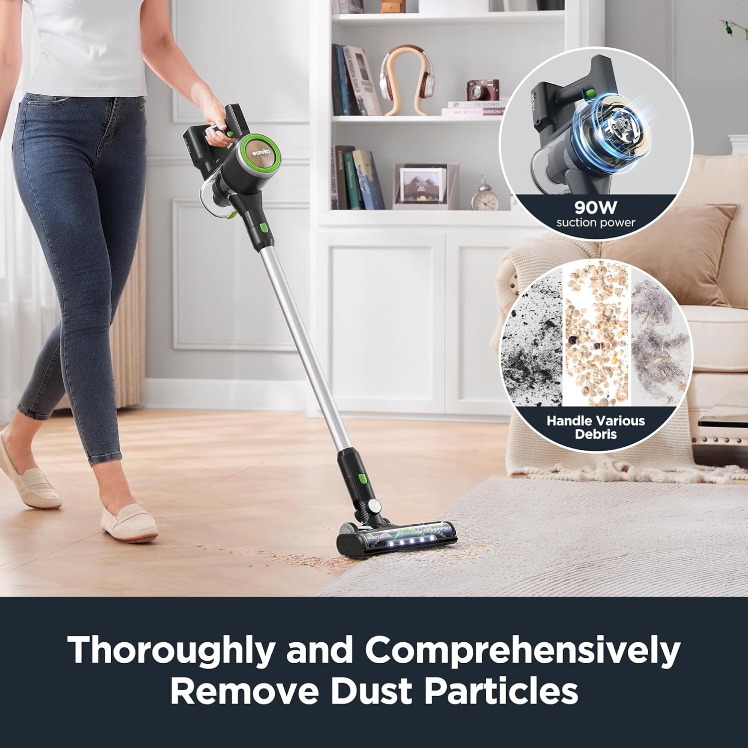 Eureka Lightweight Cordless Stick Vacuum Cleaner Convenient for Hard Floors, Rechargeable Handheld Vacuum Cleaner Portable with Powerful Motor Efficient Suction, RapidClean Ultra NEC370GR, Moss Green