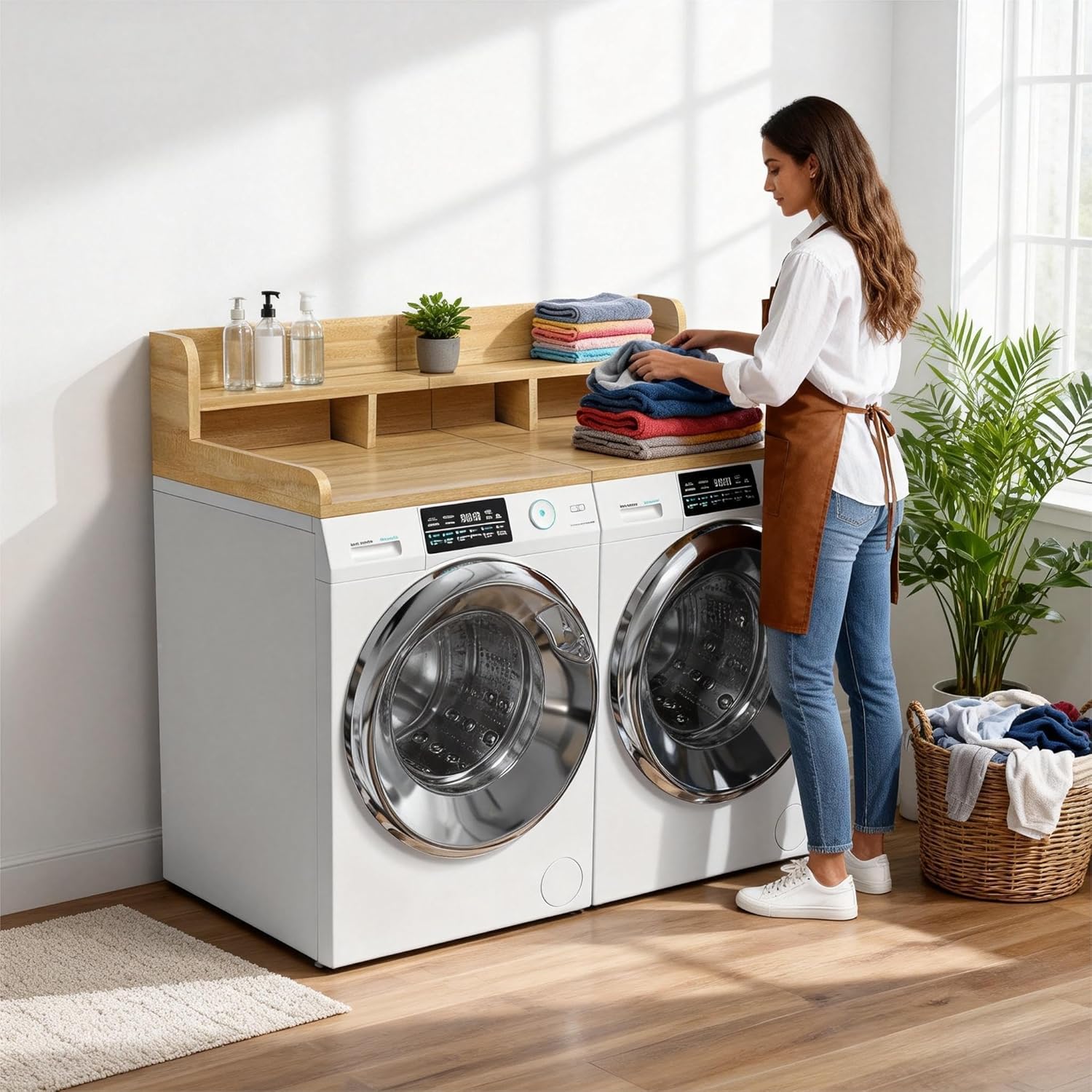 Washer Dryer Countertop, 54x27.5 Inch 2-Tier Laundry Topper with Non-Slip Pad & Edge Rails, for Folding Clothes & Storage, Fits Apartment Laundry Room, Easy Instal (Natural)