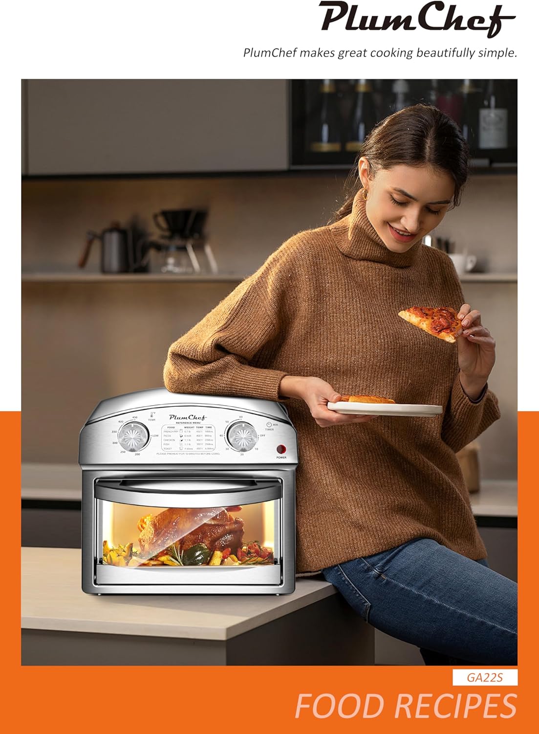 PlumChef 13 Quart 4 Slices Air Fryer Convection Toaster Oven, 1500W, Multifunction Oven with Reference Menus on Panel, Time and Temperature Controls(Stainless Steel)