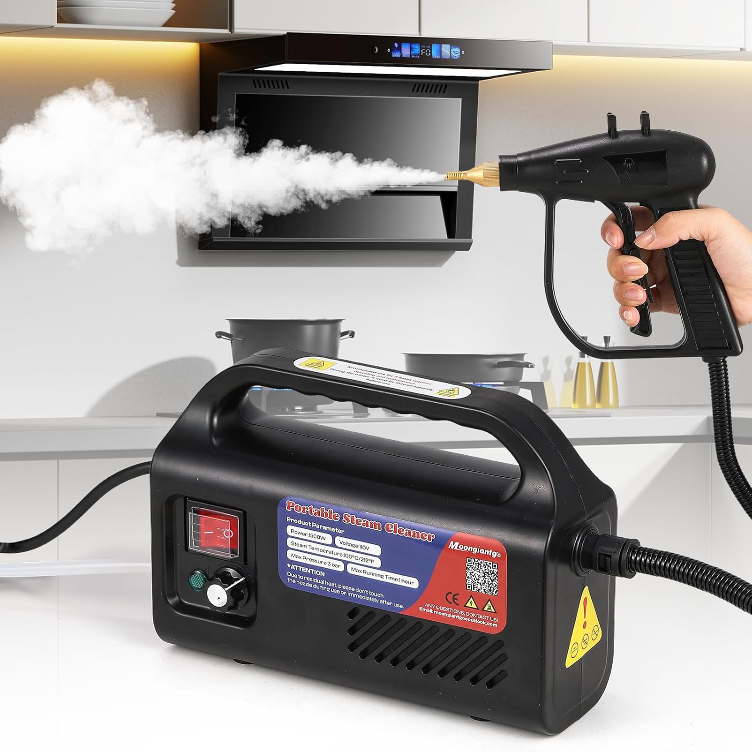 Moongiantgo High Pressure Steam Cleaner 1500W Handheld Steamer for Cleaning, Portable Tankless Pressurized Cleaning Machine for Car Detailing Grout Tile, Commercial Home Kitchen Bathroom (Black)