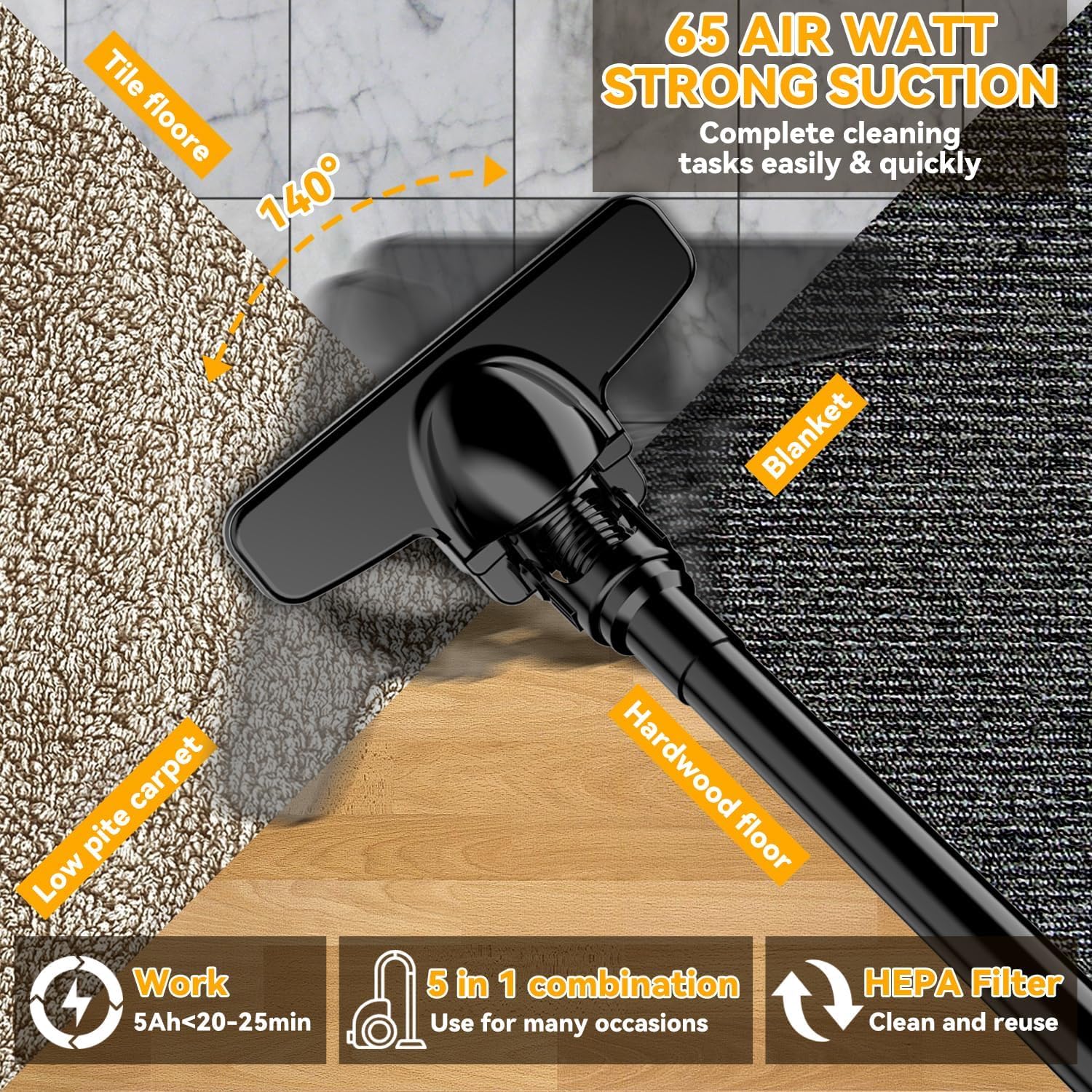 Handheld Cordless Vacuum Cleaner, 5-in-1 Multifunctional Design, 800w Powerful Motor, Dual Battery System, Led Light for Car Cleaning (Yellow)