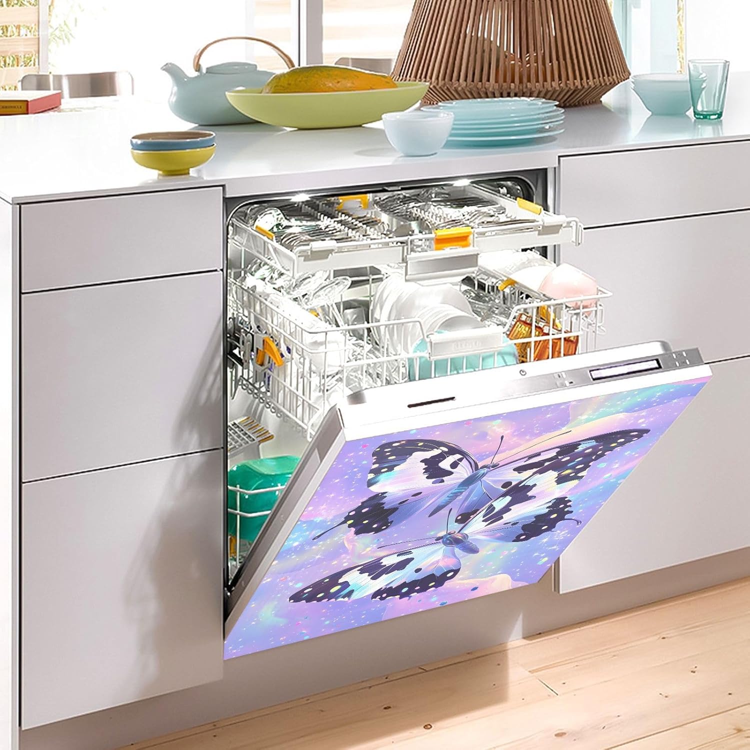 Dishwasher Magnet Cover Large Magnetic Stickers 3D Two Butterflies Front Dishwasher Cover Reusable Decal for Home Kitchen Anti-Scratch Refrigerator Decorative Lid Washing Machine Laundry 23