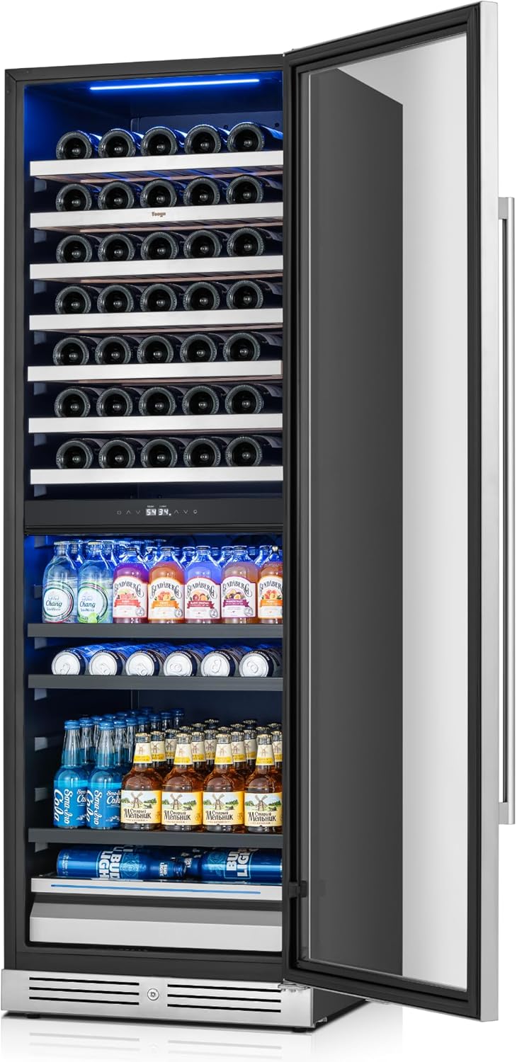 Yeego Wine Fridge – 24 Inch Wine and Beverage Cooler 34°F-65°F, 304 Stainless Steel Glass Door Lock, Temp Memory Blue & White LED Built-in Fridge Right-hand Opening with Drawer (182 Can+77 Bottle)