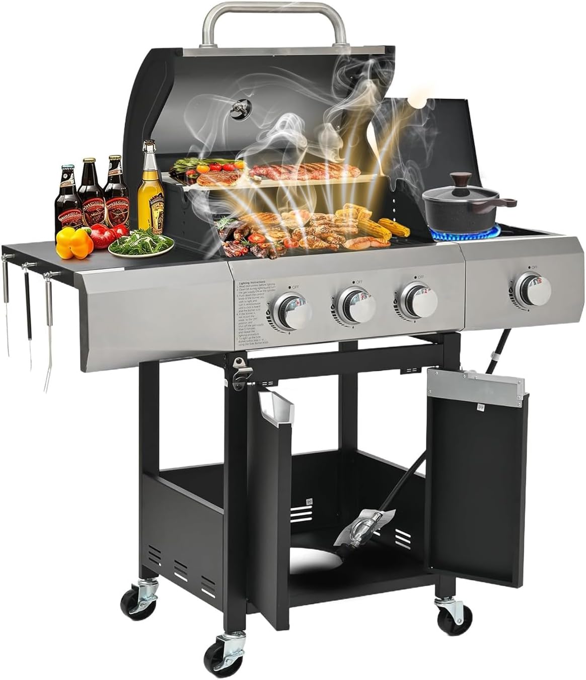 3-Burner Propane Gas BBQ Grill with Side Burner, 40,500 BTU Stainless Steel Gas Grill for Outdoor, Camping, Barbecue Grilling Backyard Cooking (3+1 bumer no cover)
