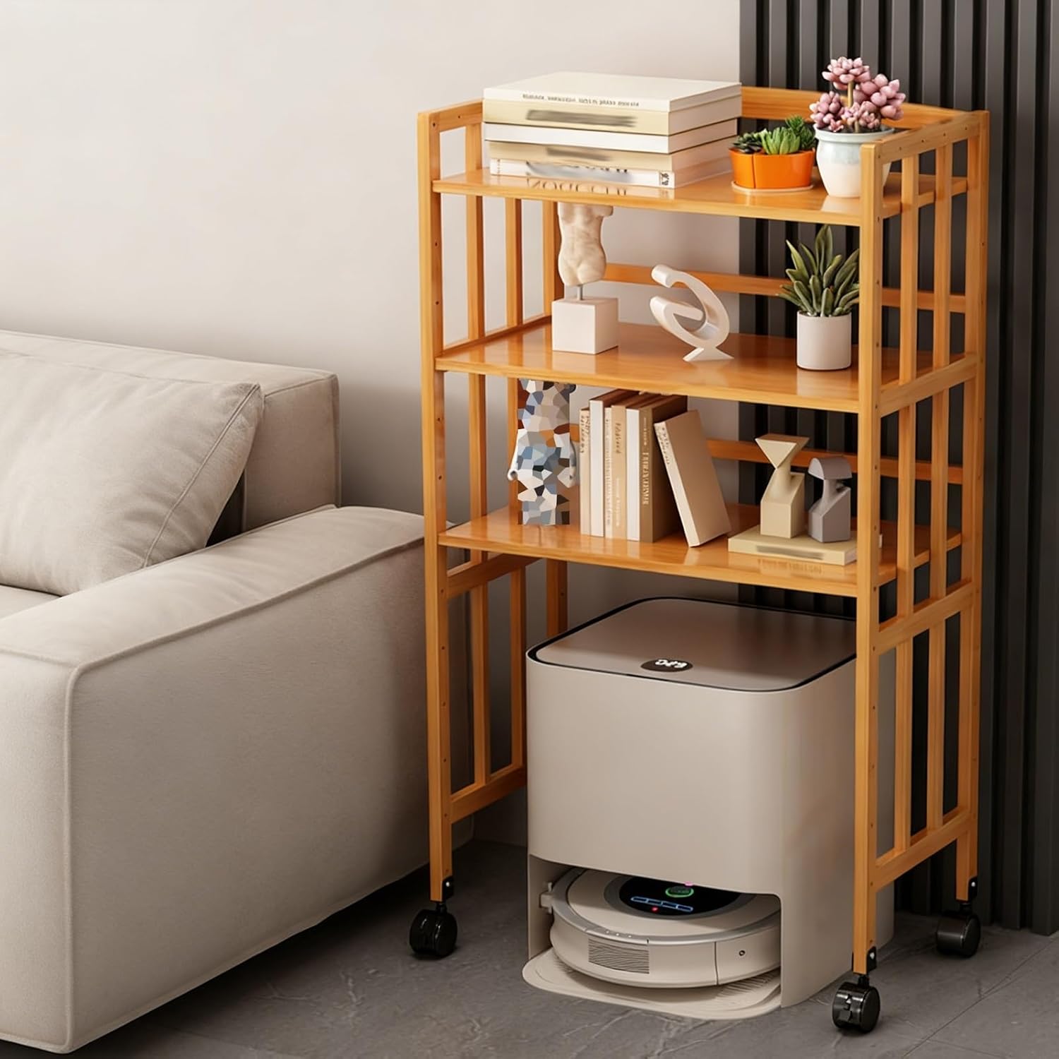 3 Layer Mobile Vacuum Cleaner Storage Stand Rack Holder, 48 Inch Tall Home Living Room Robot Vacuum Display Shelf, Wood Cabinet Side Table(Natural,W 70cm/27.5in)