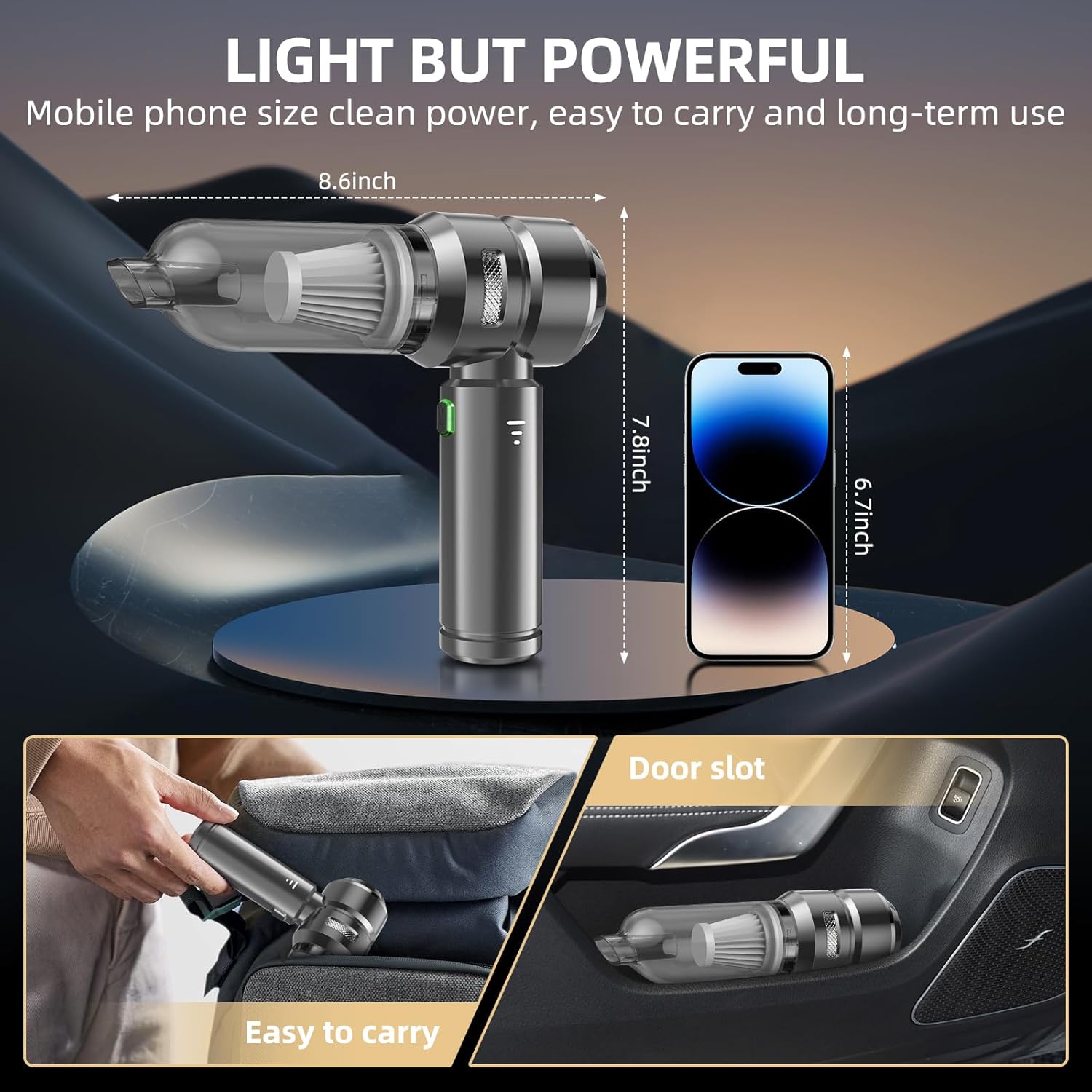 Handheld Vacuum Cordless, 28000Pa Brushless Motor Car Vacuum Portable Cordless, 3 Speed Mini Vacuum Cleaner for Cars, Offices, Homes, and Pet Hair, Dark Gray