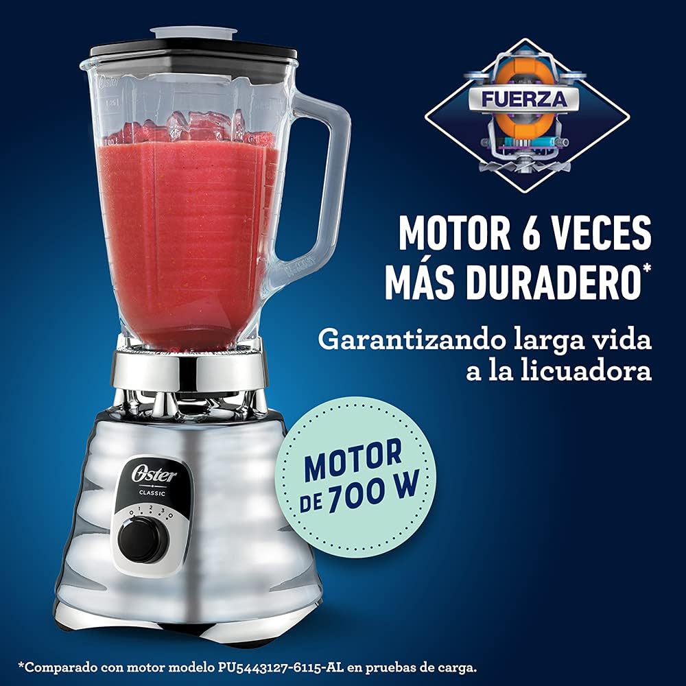 Oster Original 3 Speed Chrome Blender, 6 Times more Durable Motor, 10 Times Stronger, 5 Cup Glass Jar