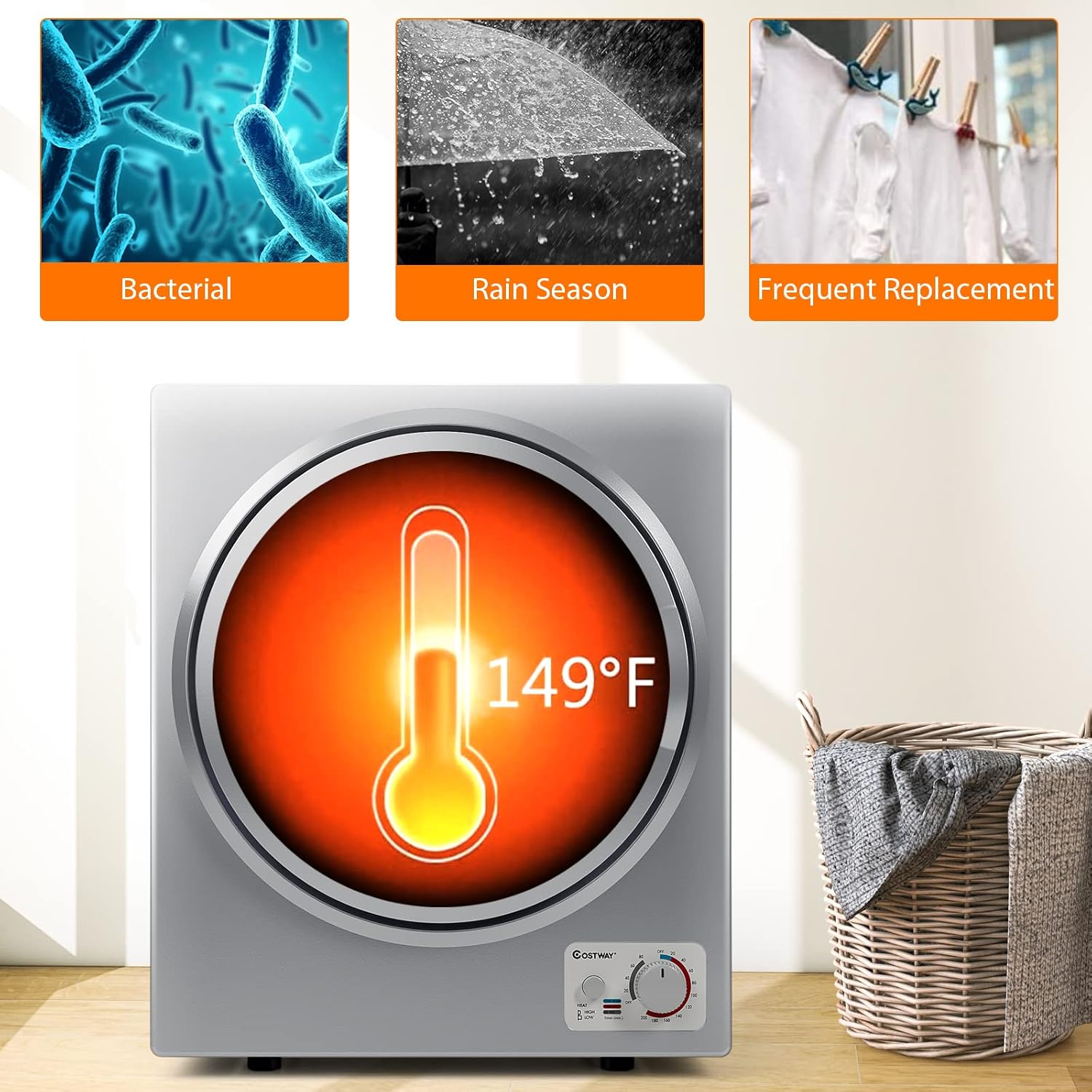 COSTWAY Compact Laundry Dryer, 110V Electric Portable Clothes Dryer with Stainless Steel Tub, Control Panel Downside Easy Control for 4 Automatic Drying Mode (Stainless Steel-Silver)