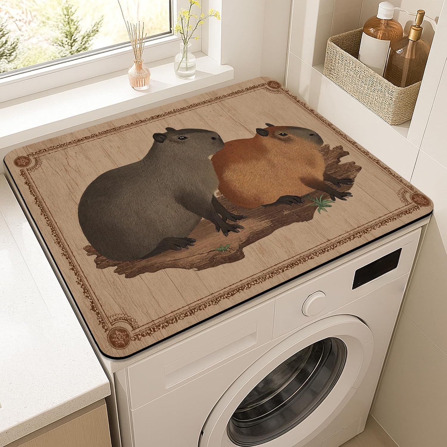 Capybara Washer Dryer Top Protector Mat, Vintage Animal Pattern Laundry Machine Dust Cover, Nature-Themed Rubber Anti-slip Waterproof Washing Machine Mats for Laundry Room 20x24 Inch