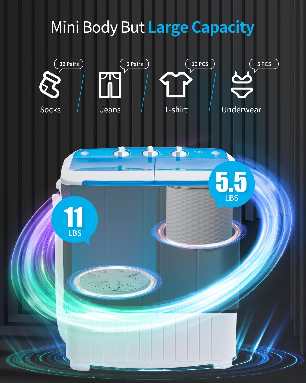 Portable Washing Machine,16.5LBS Mini Washer and Dryer,Wash and Spin Cycle Combo Twin Tub Compact Laundry Machine for Apartment Travel Dorms Rvs(White & Blue)