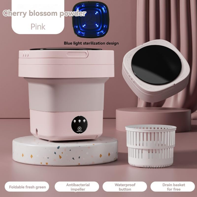 Portable Mini Washer with UV Light, 7L Compact Foldable Electric Washing Machine, Purple Collapsible Design with Spin Dry Basket for Delicates, Dorm, Travel (Rock Pink - with Basket & Hose)