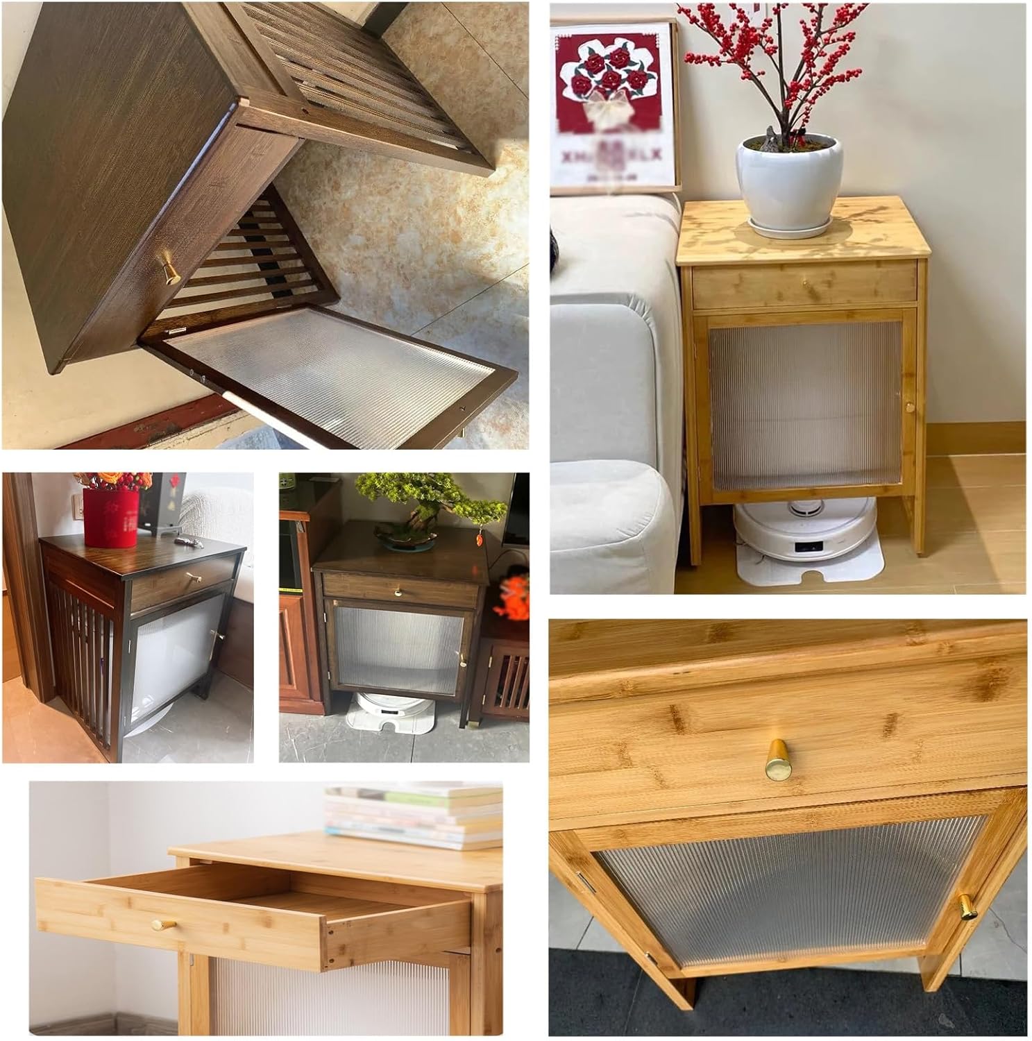 Modern Hiding Robot Vacuum Cabinet with Doors, Sweeping Robot Storage Rack for 10 Gal Fish Tank/Printer, Heavy Duty Waterproof Bedroom Bedside Table - Small Spaces(Natural,55.5x46x73.5 (21.8x18.1x29i