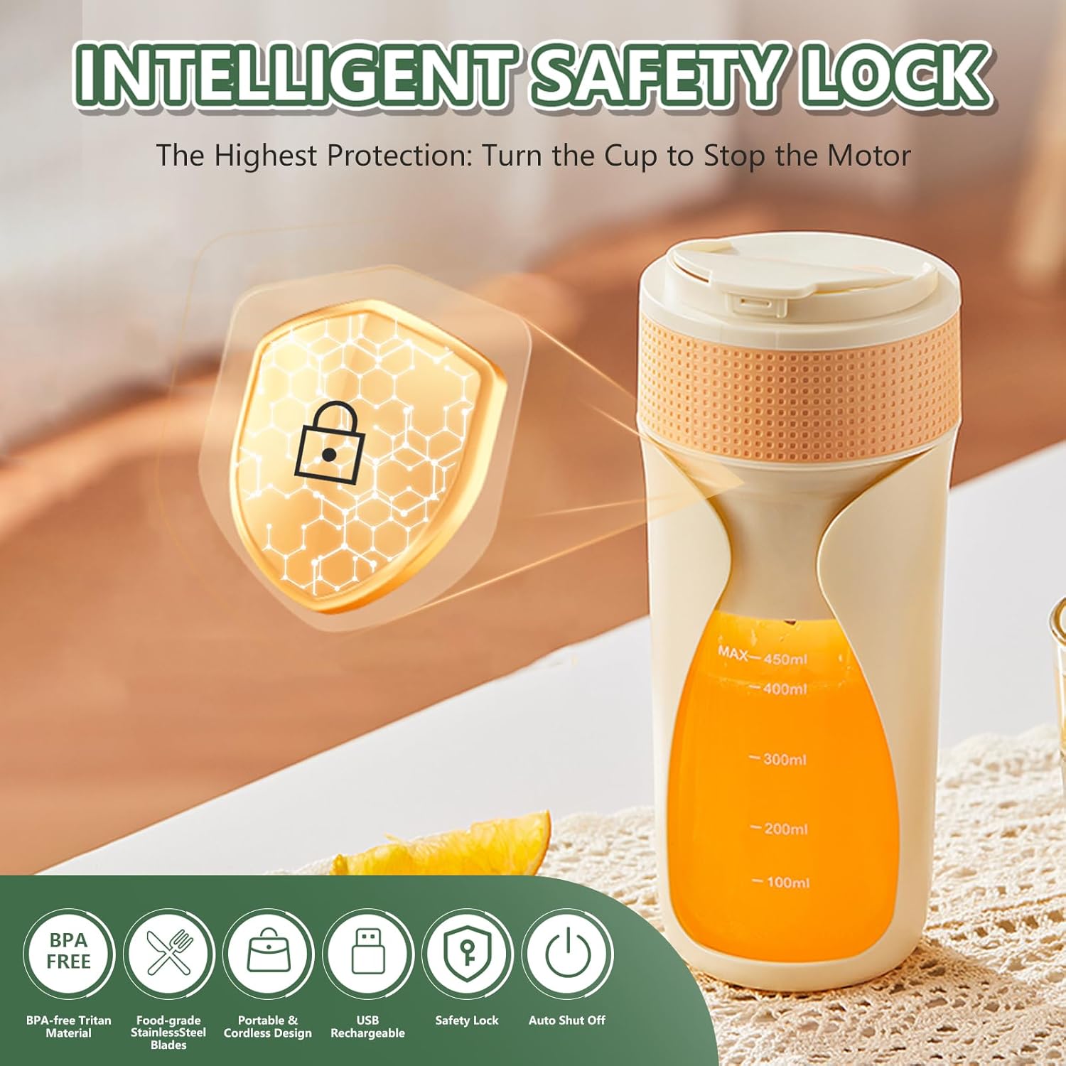 Portable Blender Cup- 450ml Multi-Function Blender with Ice-Crushing,Strong Cutting Power with 6 Blades, BPA Free, USB-C Rechargeable,Fruit Veggie Juicer Cup for Home, Sport, Office, Camping