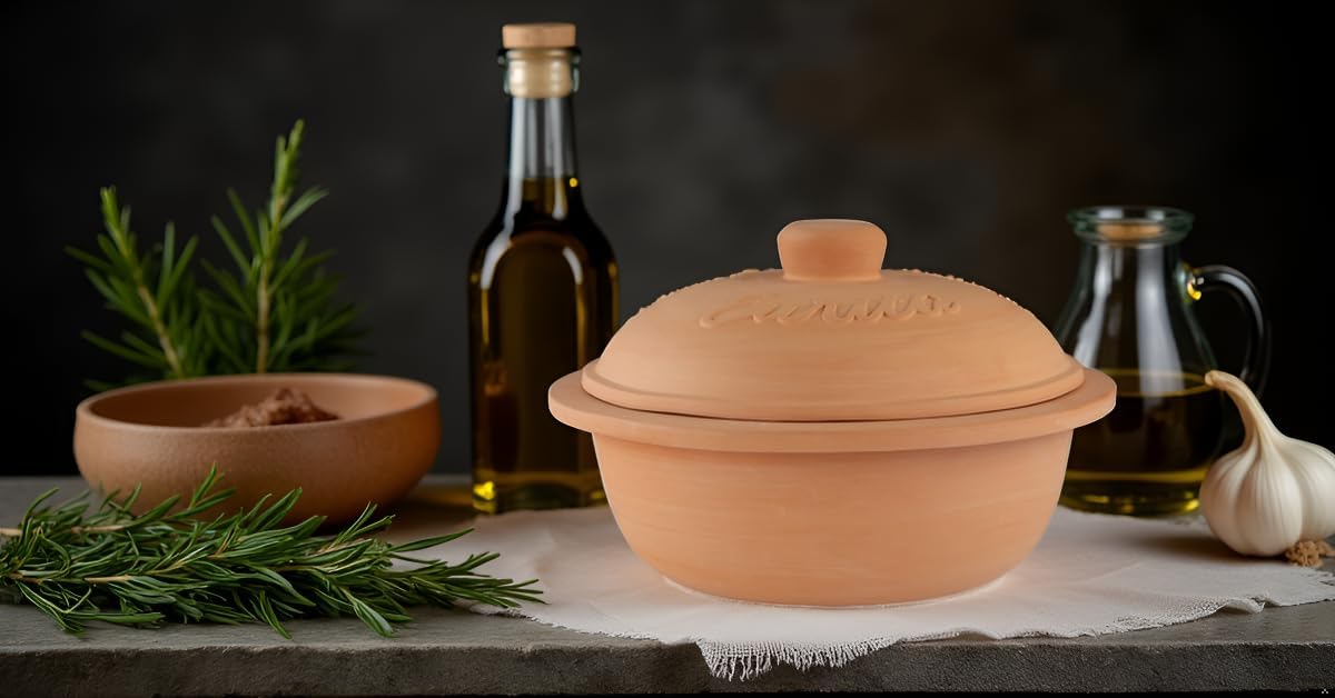 RestonLloyd Eurita 4 Quart Terracotta Clay Non Stick Dutch Oven – Natural, Lead Cadmium‑Free, Oven & Microwave Safe, Rustic Slow-Cooker Pot Roasting & Casseroles, Healthy cooking with recipe guide