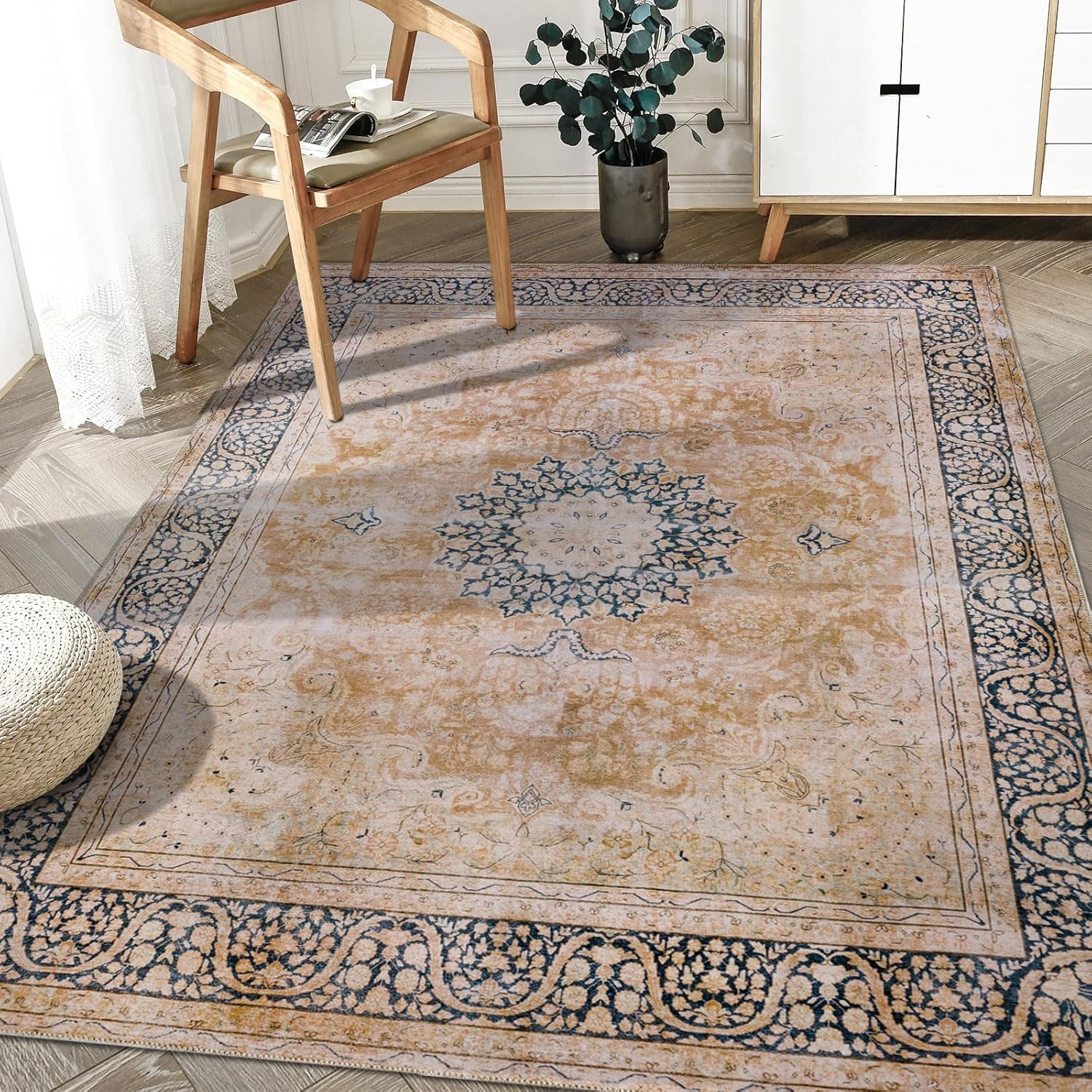 DECOMALL Maila 4X 6 Rugs for Entryway Machine Washable Orange Rug,Vintage Distressed Non Slip Area Rug Living Room Bedroom Boho Bathroom Laundry Room Foyer Carpet Indoor Rug