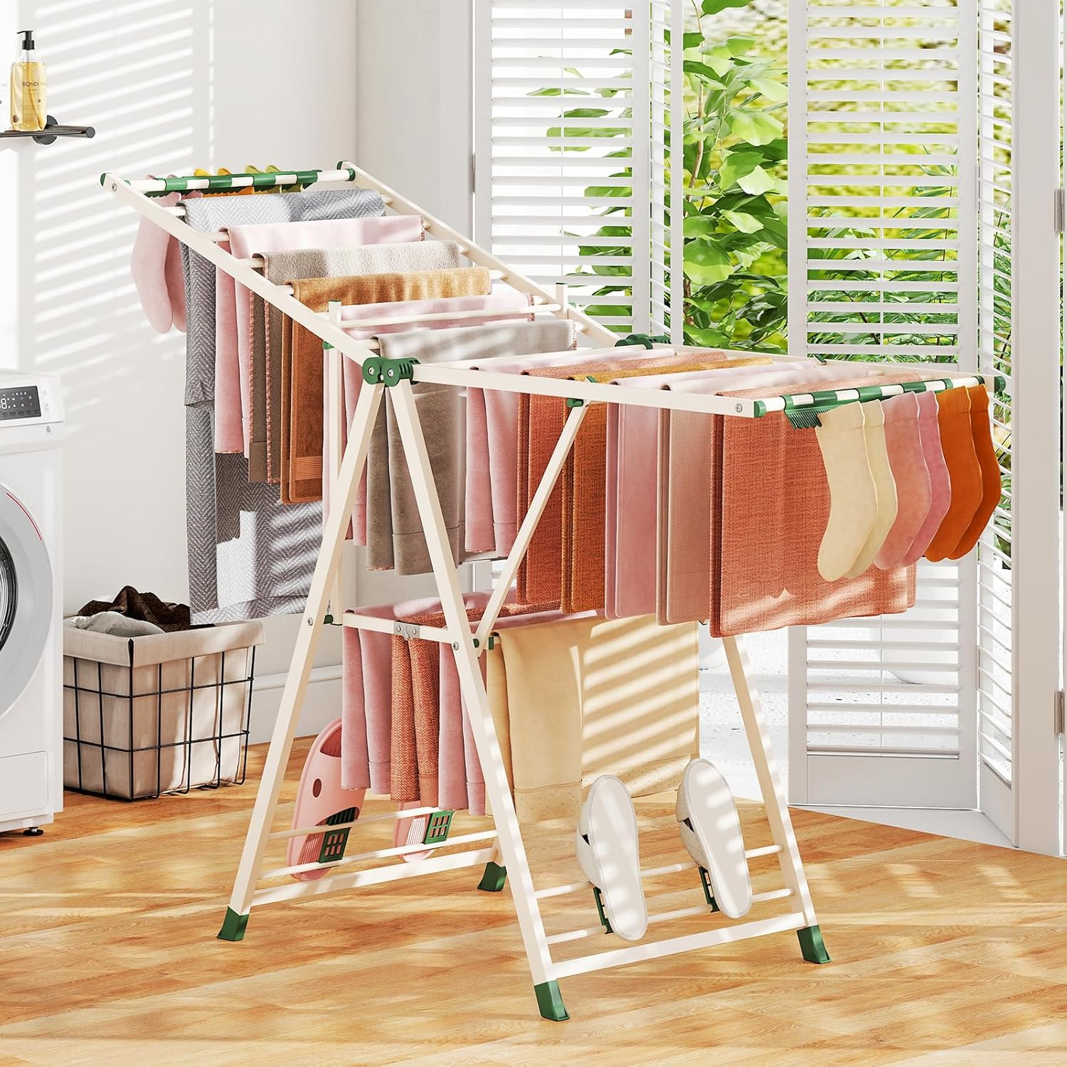 Giantex Clothes Drying Rack, Foldable Metal Laundry Drying Rack with Height Adjustable Wings, 16 Drying Rails, Sock Clips & Shoe Racks, Freestanding Clothing Stand for Indoor & Outdoor, Beige