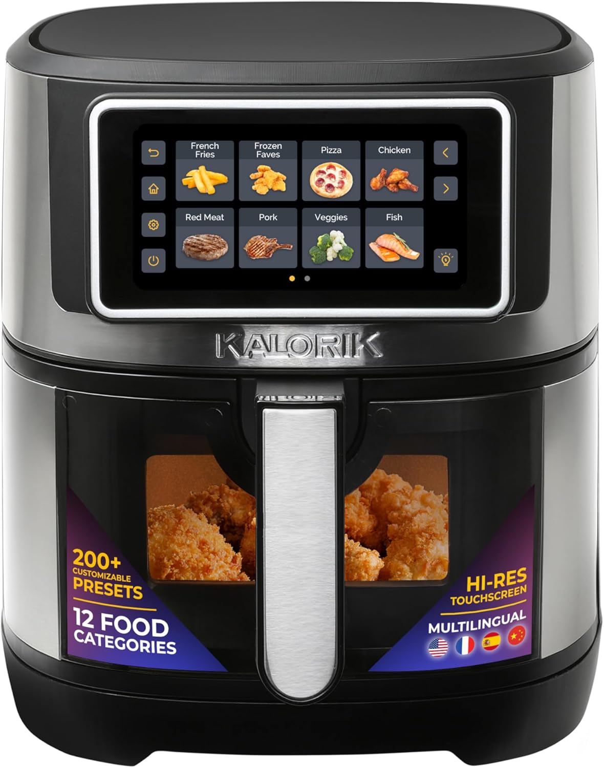 Kalorik Air Fryer VIVID TOUCH Series 5 Quart Capacity with High-Resolution Touchscreen 202 Cooking Presets in 12 Food Categories with View Window, 1500-Watts, Stainless Steel