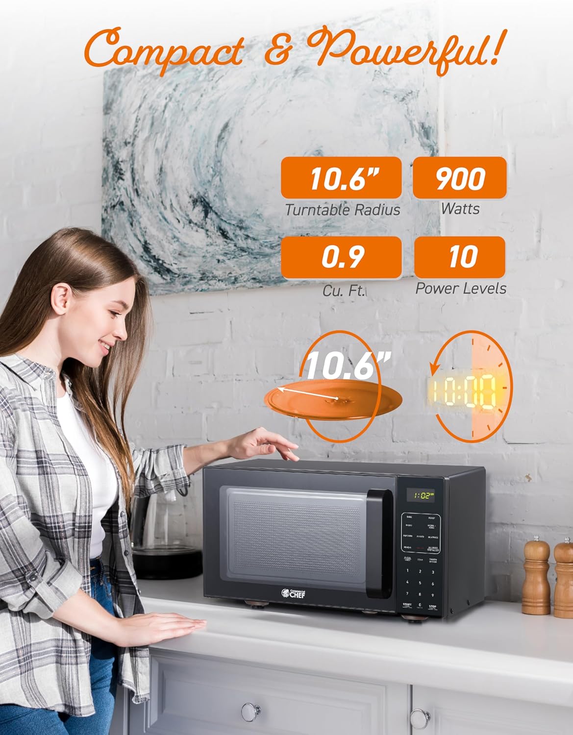 Commercial Chef 5-in-1 Countertop Microwave Air Fryer Combo, 0.9 Cu. Ft. Capacity, Microwave Air Fryer Convection Oven Bake and Roast, 900W, 10 Power Levels