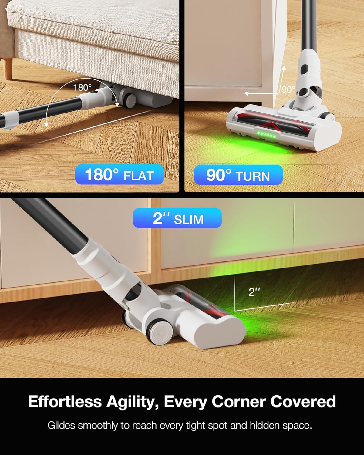 Cordless Stick Rechargeable Vacuum Cleaner, Lightweight, 55min Runtime, 20KPa Suction, Anti Tangle LED Headlight Brushless, Ideal for Carpets, Hardwood Floors, Pet Hair, and Home