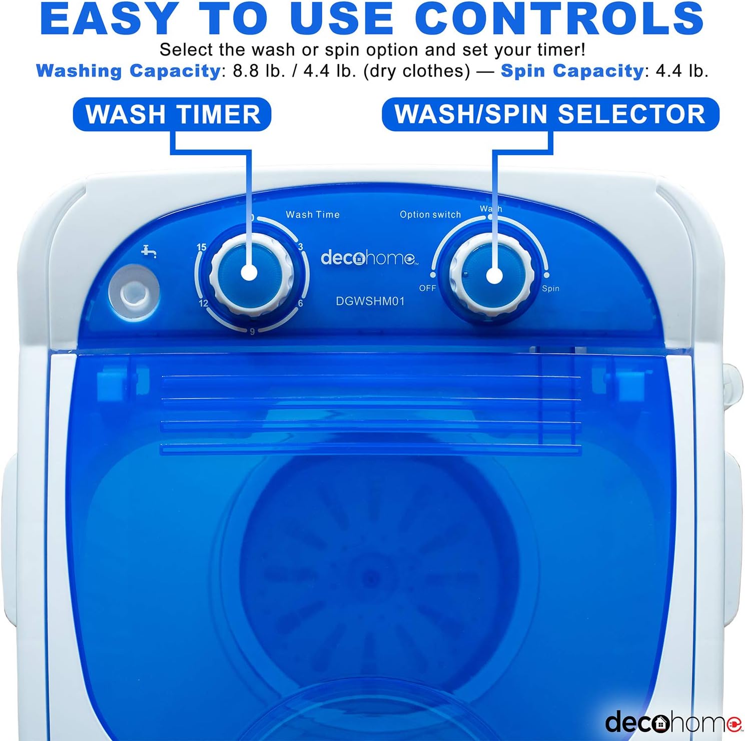 Deco Home Portable Washing Machine for Apartments, Dorms, and Tiny Homes with 8.8 lb Capacity, 250W Power, Wash and Low Agitation Spin Cycle, Includes Drainage Hose, ETL Certified
