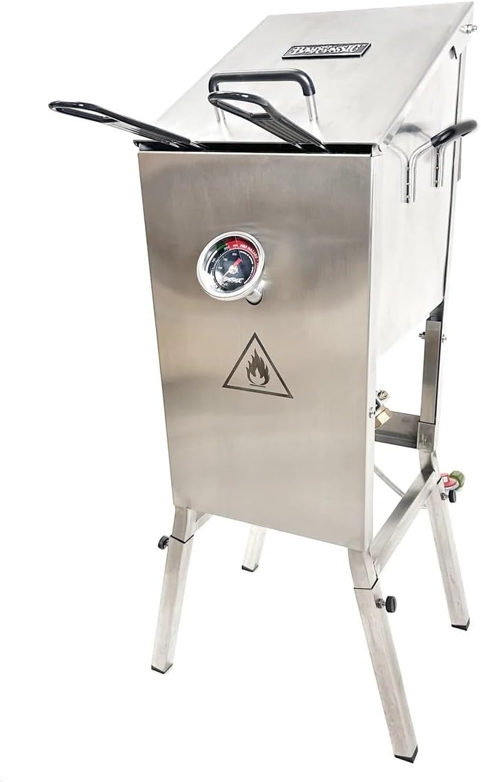 Bayou Classic 700-701 4-gal Stainless Bayou Fryer Includes 2 Stainless Mesh Baskets Fry Thermometer Drain Valve High Pressure Regulator w/ 48-in Stainless Braided LPG Hose