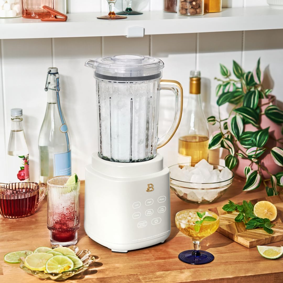 Beautiful PowerExact Blender System, 700W, Touch Display, PrecisionSense Tech, 50oz Tritan Jar + 20oz To-Go Cup, 4 Presets, Ice Crush, Smoothie, Dishwasher Safe, Gold Accents (White Icing)