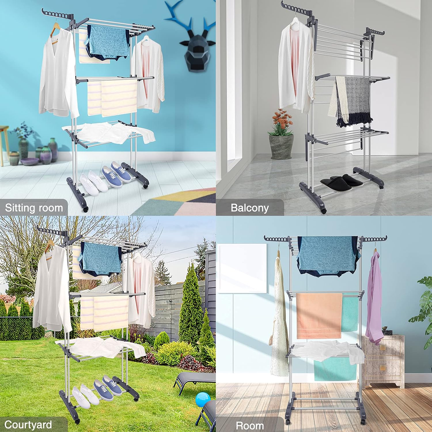 Clothes Drying Rack, Large 3-Tier Rolling Folding Dryer Hanger Storage Collapsible Garment Rack Standing Rack with Foldable Wings and Casters for Indoor Outdoor